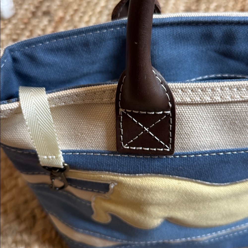 L.L.Bean Blue White Striped Yellow Lab DogLeather Strap Purse Mini Small - Picture 5 of 8